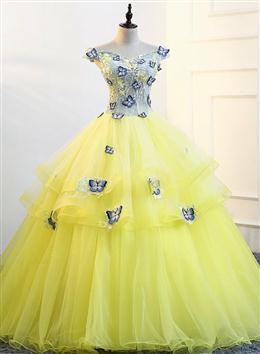 Picture of Pretty Yellow Tulle Cap Sleeves Prom Dresses, Ball Gown Sweet 16 Dresses